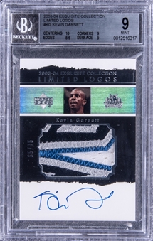 2003-04 UD "Exquisite Collection" Limited Logos #KG Kevin Garnett Signed Game Used Patch Card (#65/75) - BGS MINT 9/BGS 10